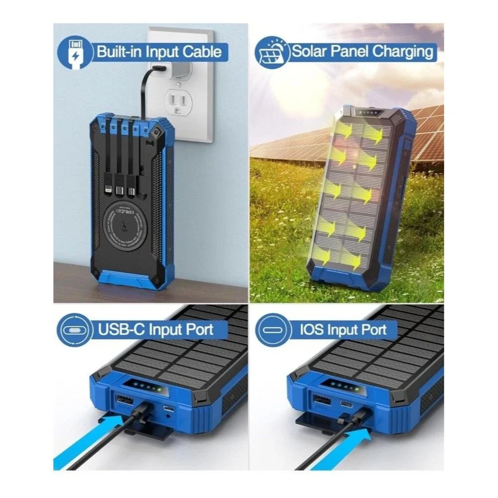 Blue Solar Power Bank 36000mAh Built-in 4 Cables Qi Wireless Charger Sealed Box
